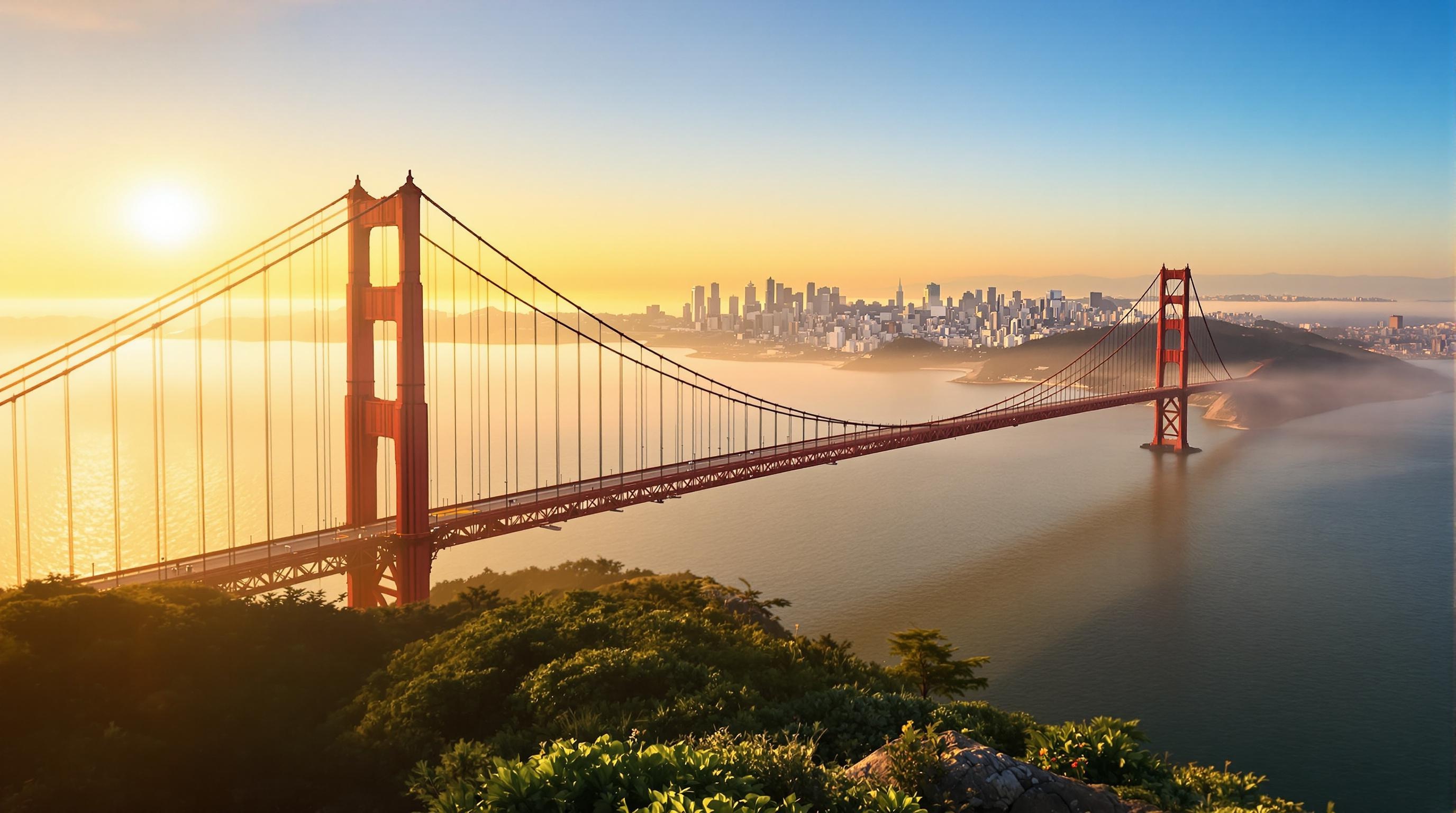 Vue grand-angle depuis l’observatoire montrant le Golden Gate Bridge au coucher du soleil
