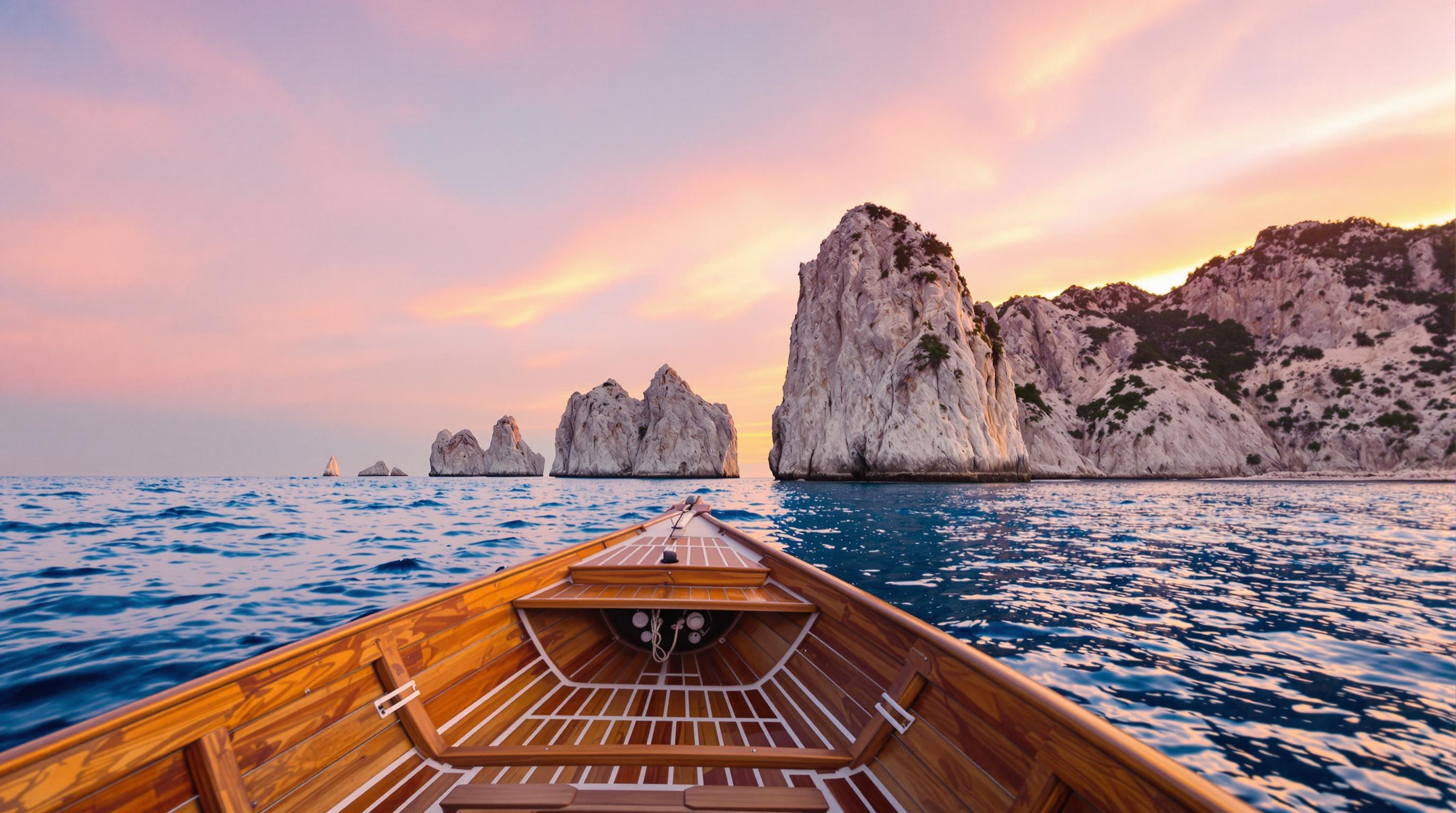 Vue crépusculaire sur les Faraglioni depuis un gozzo – ciel rose et Mer Tyrrhénienne en toile de fond, Capri
