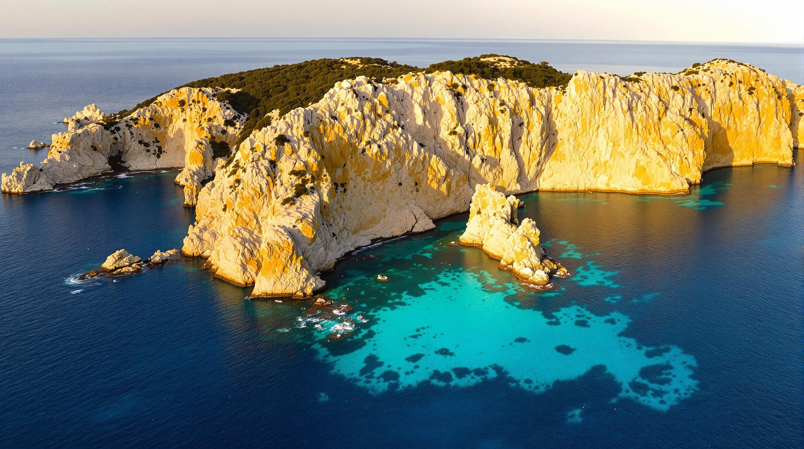 Vue drone sur le granit blond des Îles Lavezzi, mer turquoise mise en valeur