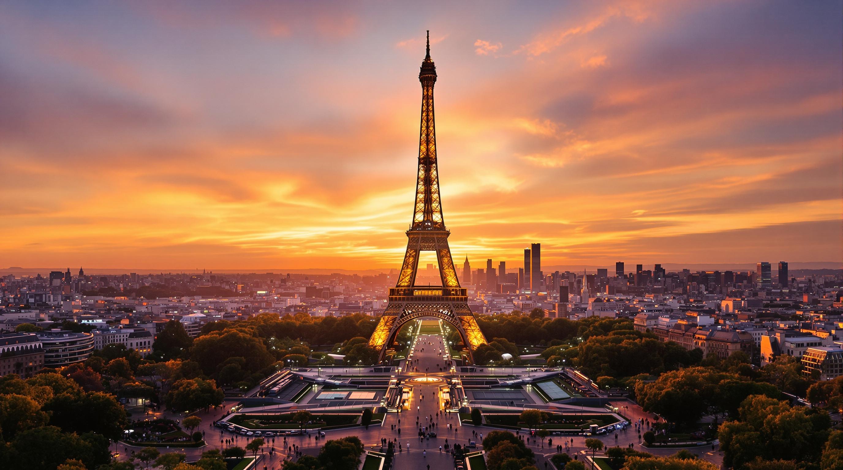Vue drone Tour Eiffel dorée sunset Gustave Eiffel Champ de Mars Exposition universelle architecture fer