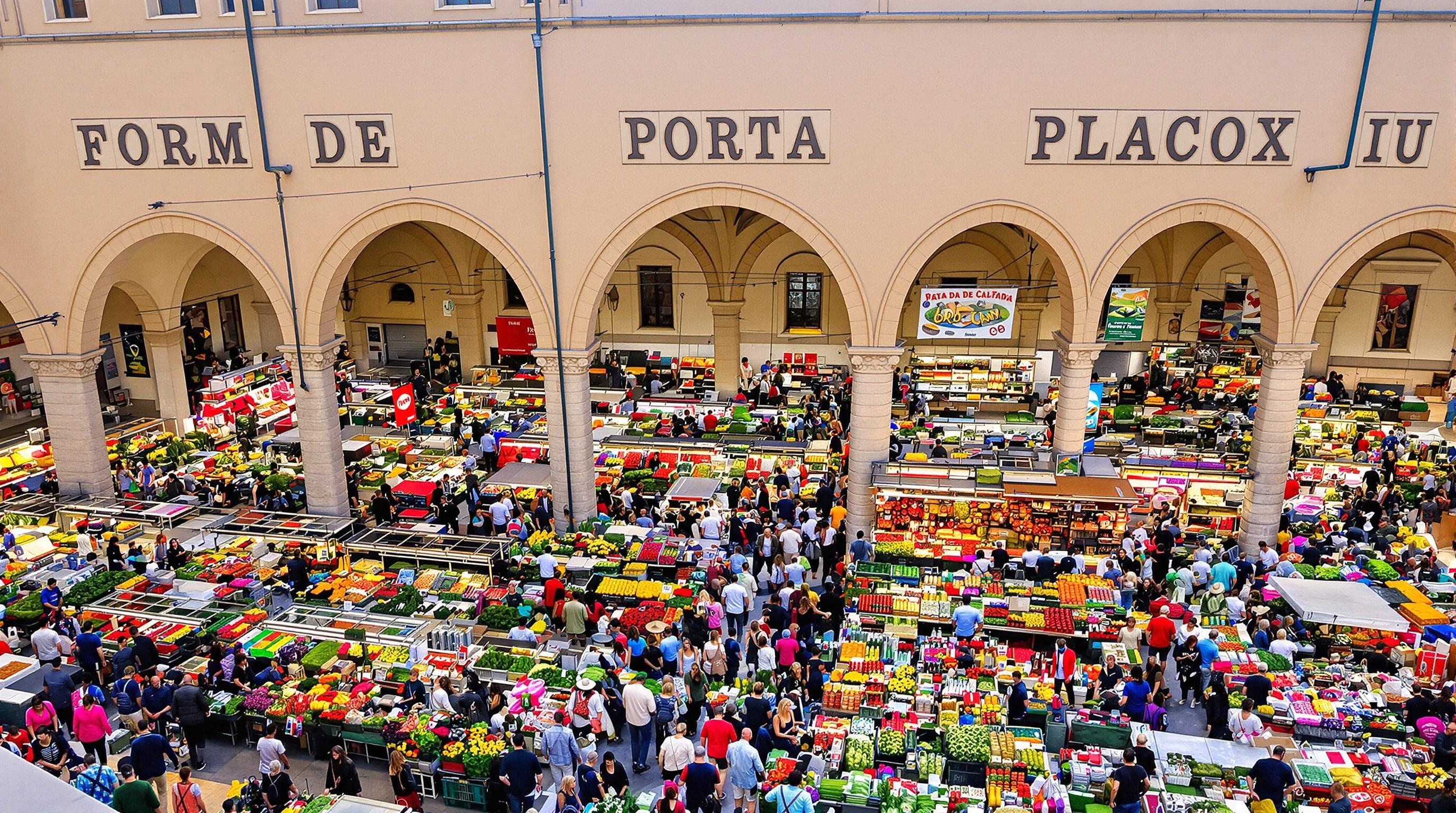 Vue haute du marché Porta Palazzo à Turin, étals colorés, foule dense typique du quartier Aurora.