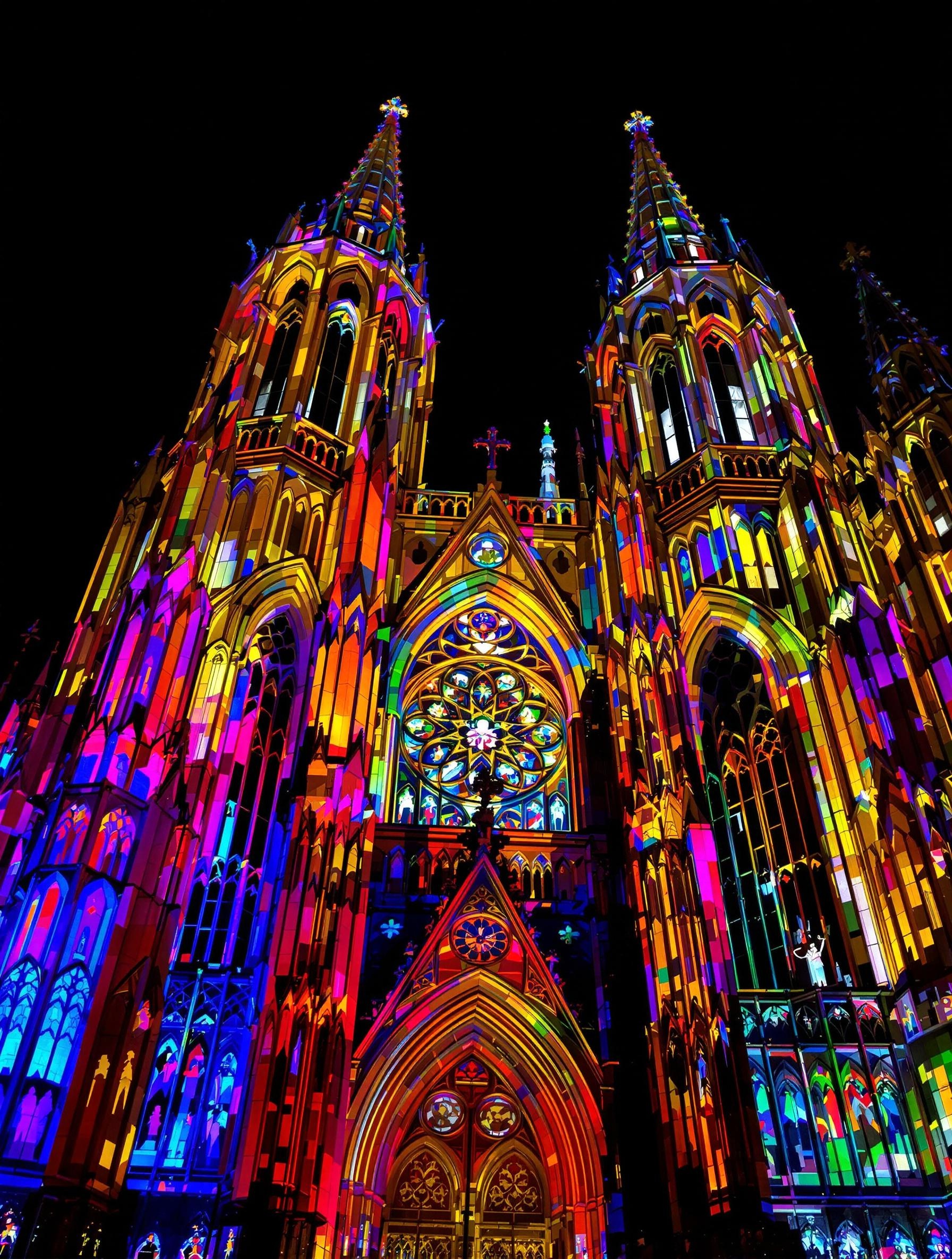 Vue nocturne de la Cathédrale de Chartres illuminée pendant Chartres en Lumières, mettant en valeur les arcs gothiques du XIIIe siècle et le fameux bleu.