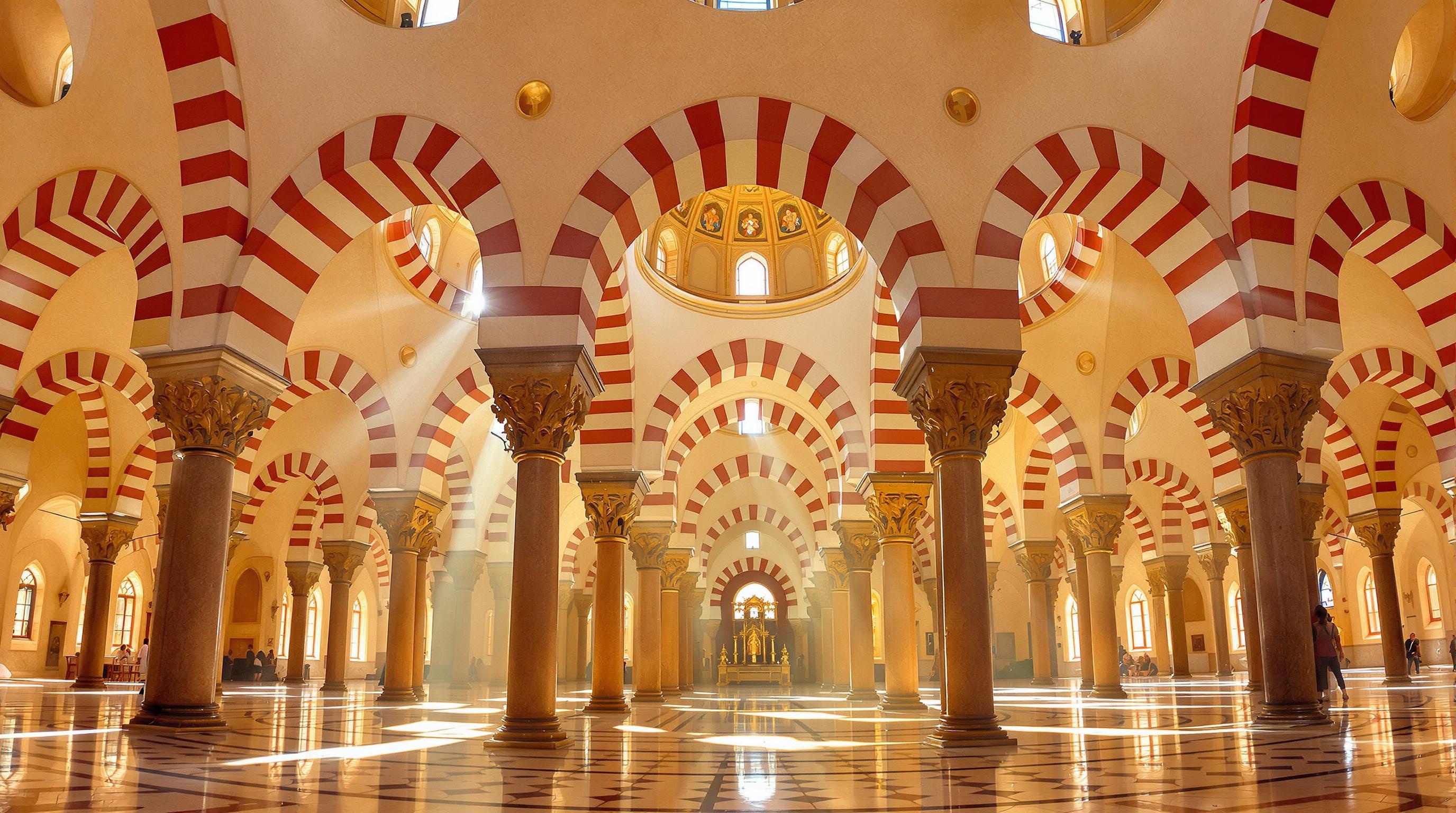 Vue panoramique intérieure de la Mosquée-Cathédrale de Cordoue, arches rouges-blanches sous lumière matinale