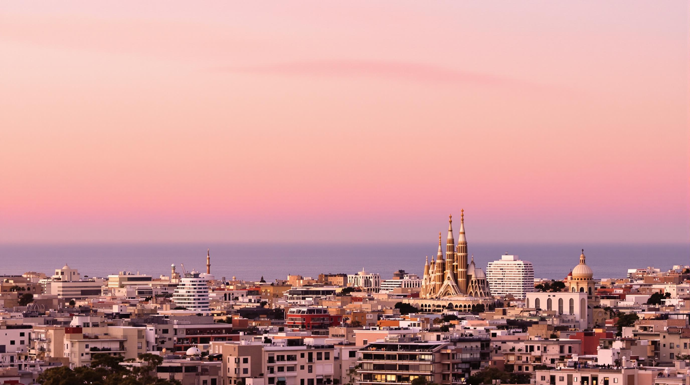 Panoramique Barcelone depuis les Bunkers del Carmel ciel rose Sagrada Familia