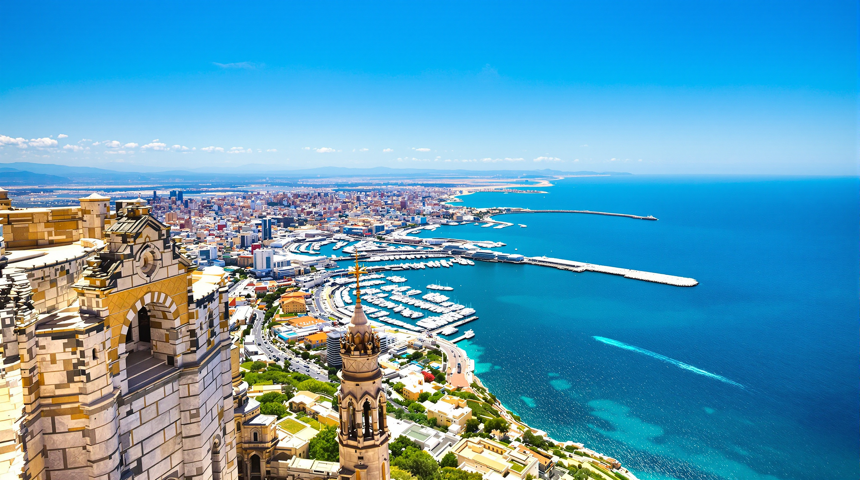 Vue panoramique depuis le sommet du Château Santa Bárbara, montrant Alicante, son port et la Méditerranée sous un ciel bleu.