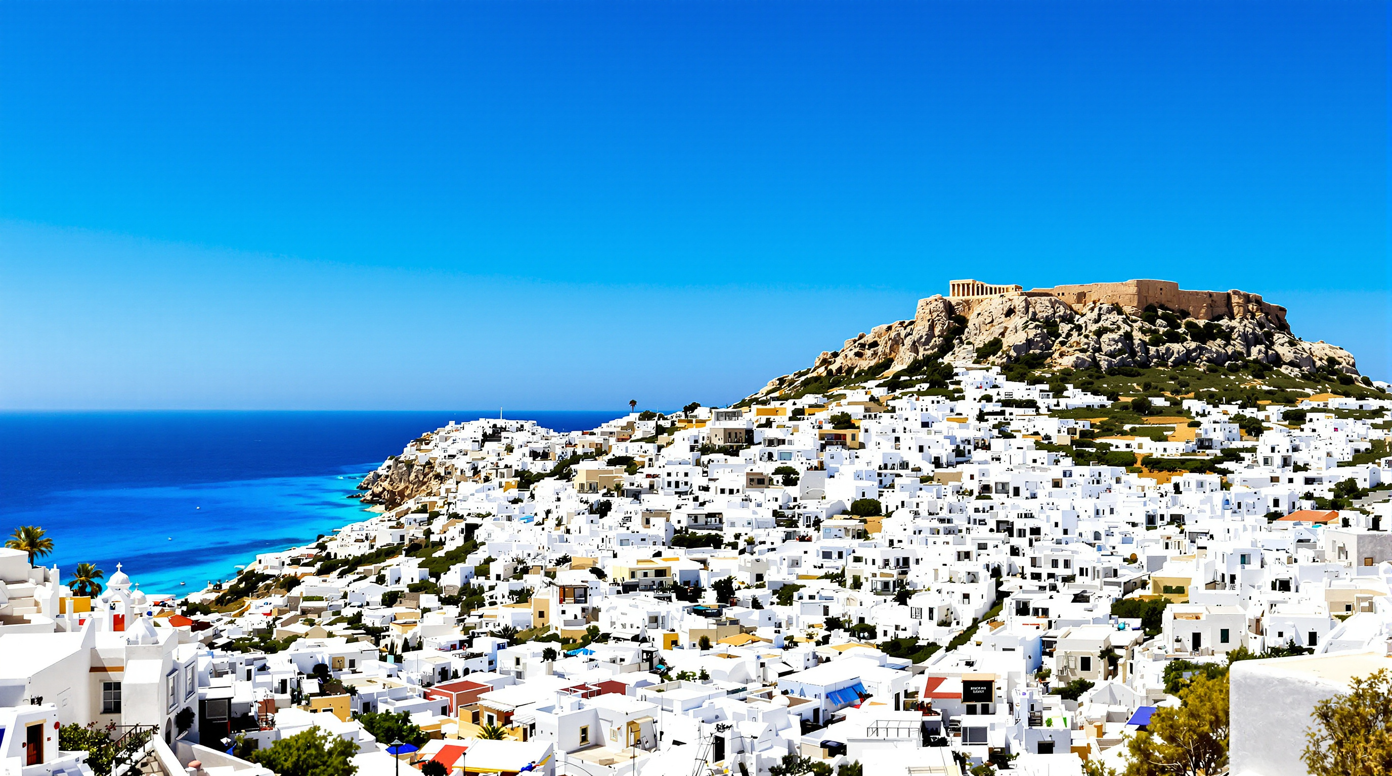 Vue panoramique Lindos village blanc mer Acropole