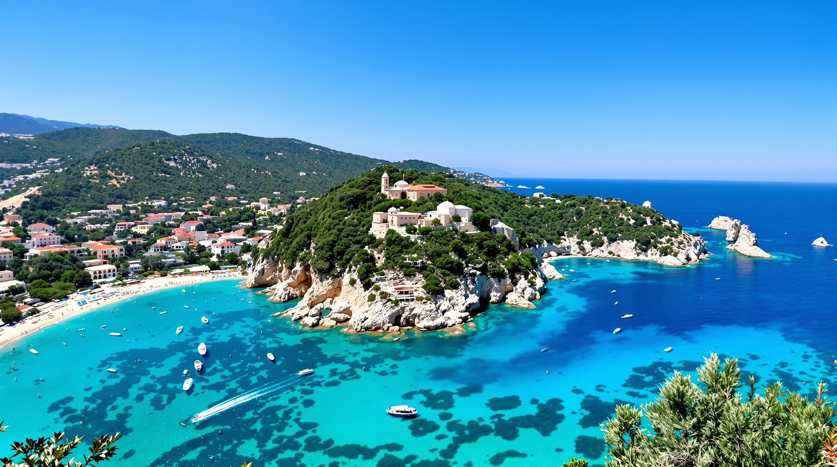 Panorama pris en hauteur sur les criques de Paleokastritsa, eaux turquoise et activité estivale.