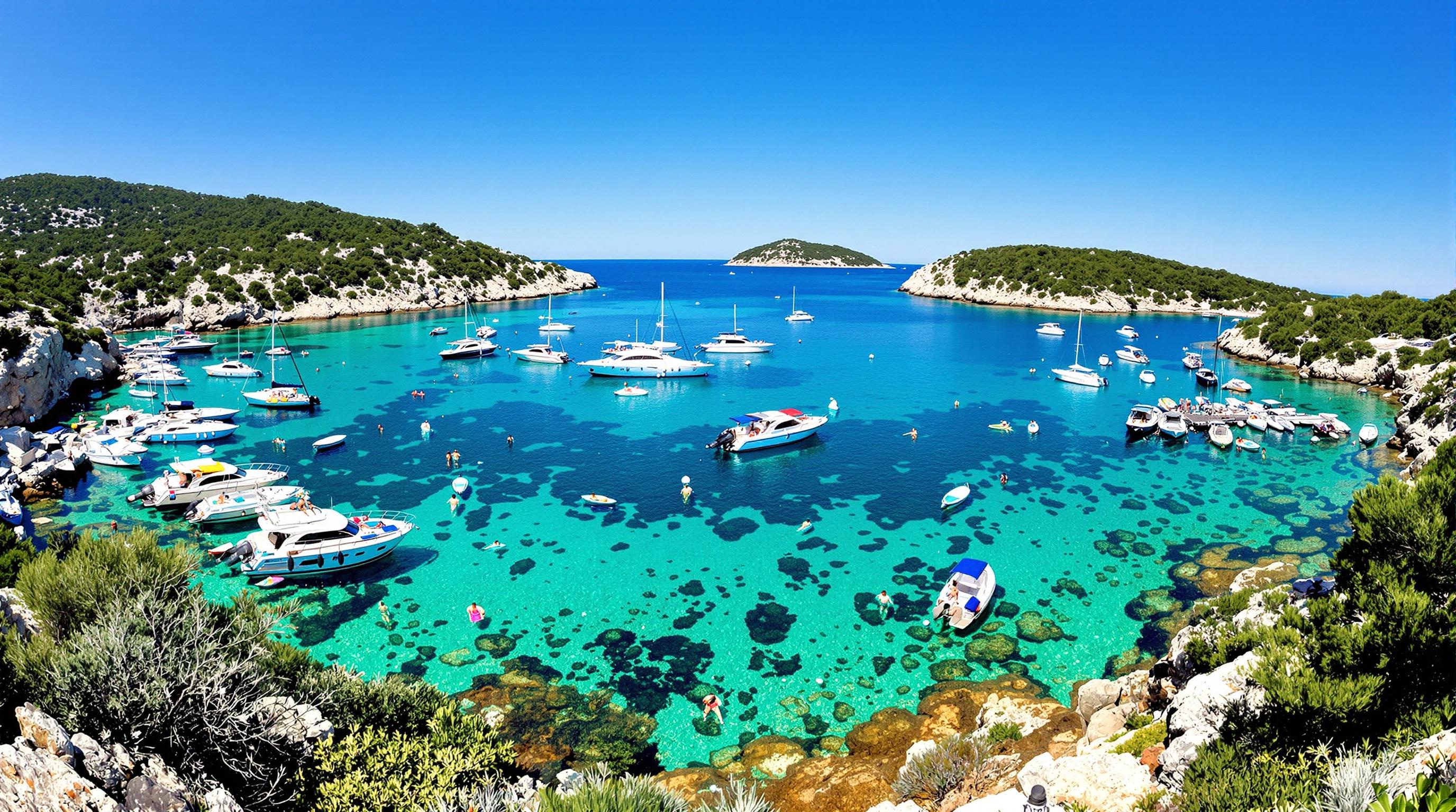 Bateaux d’excursion dans le parc national des Kornati, avec des groupes et des bateaux privés côte à côte dans une crique turquoise.