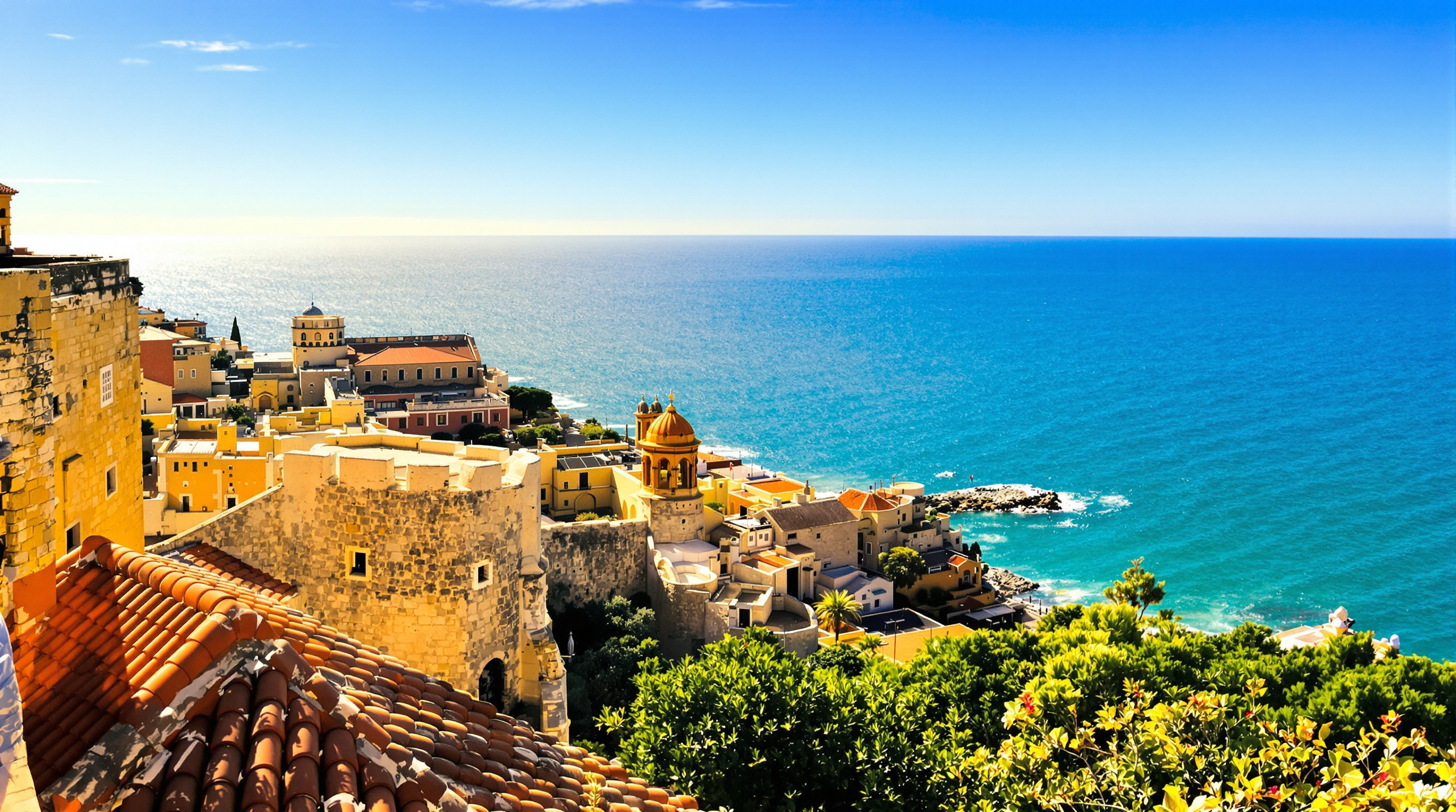 Vue panoramique depuis les jardins du Parc de l'Artillerie à Peñíscola, montrant remparts historiques et mer Méditerranée.