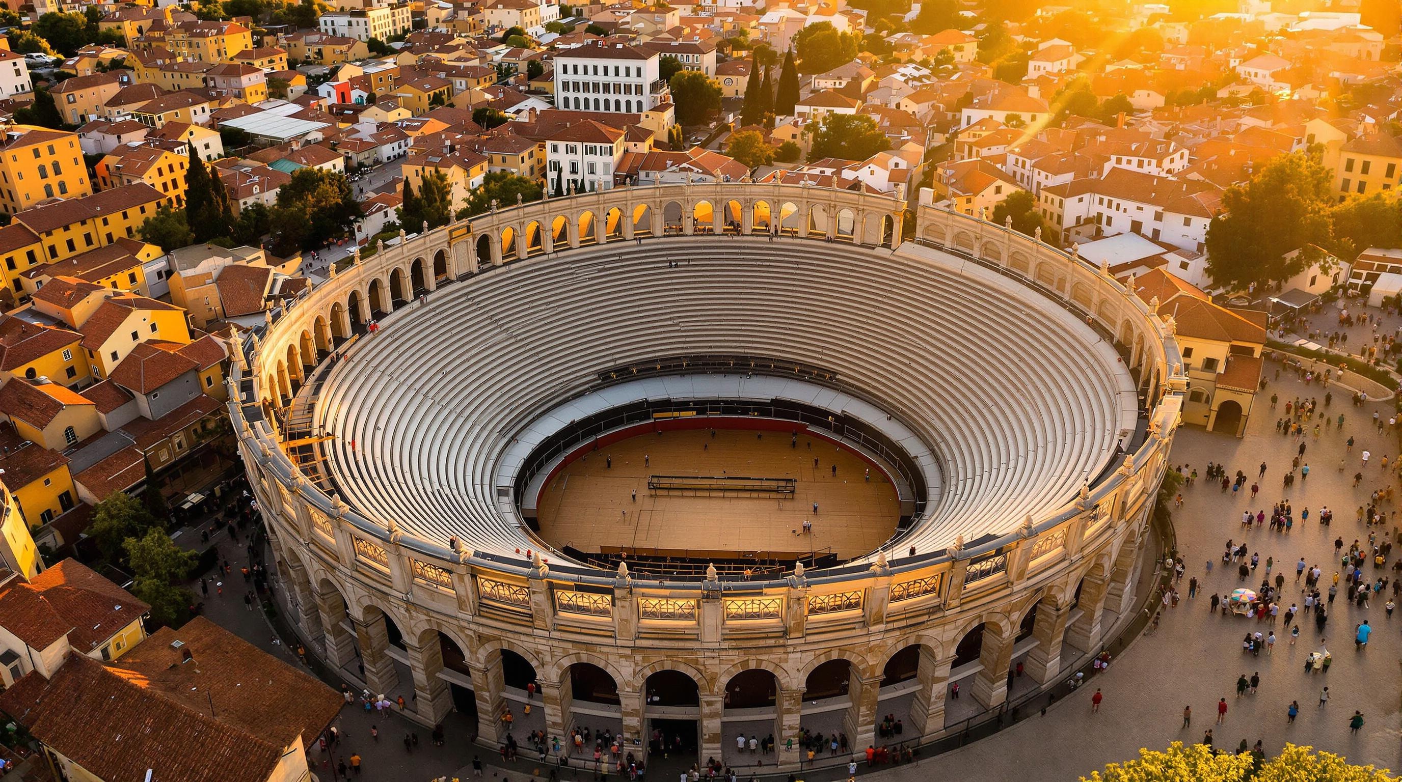 Vue plongeante sur l’Amphithéâtre romain de Vérone à l’heure dorée