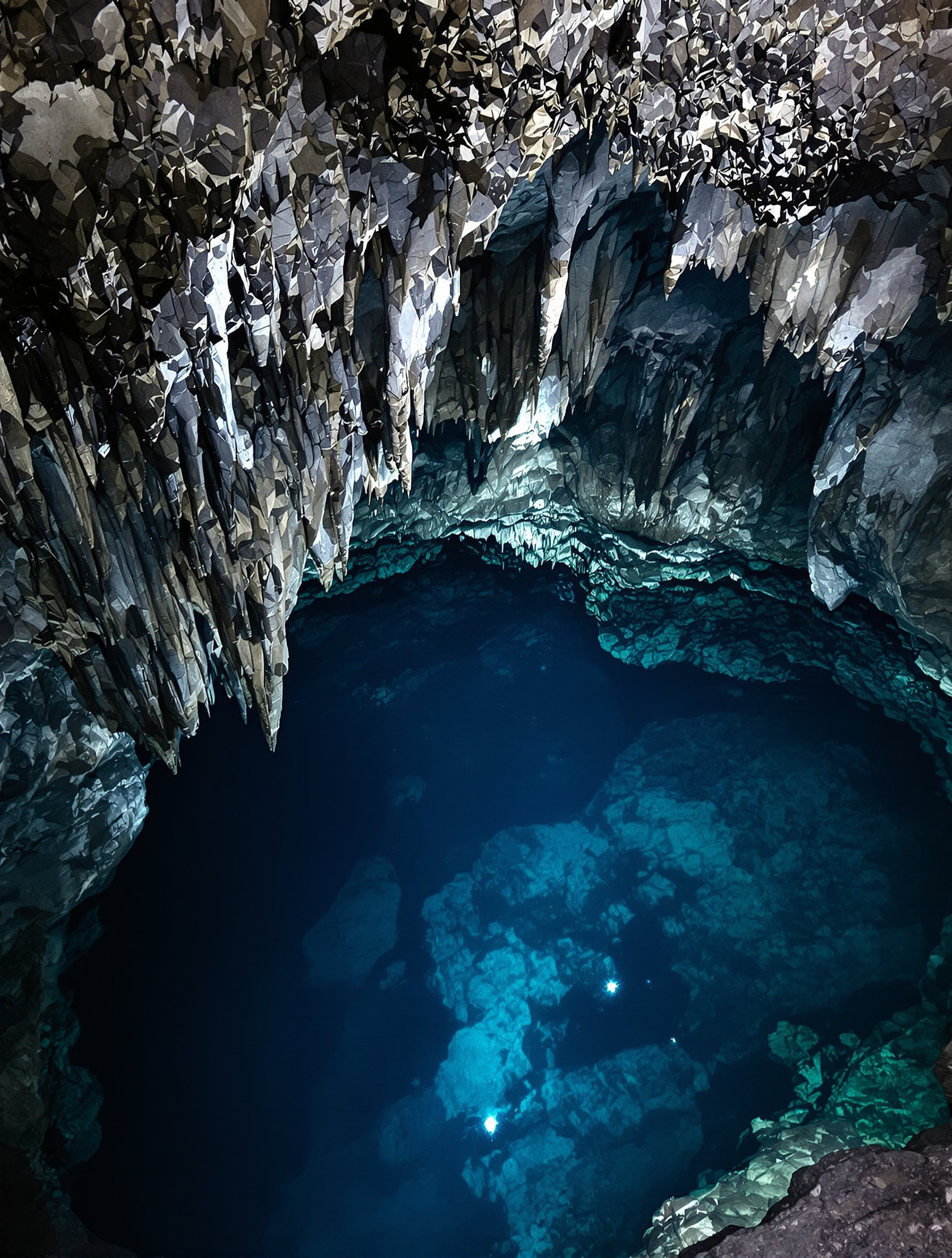 Vue plongeante sur le lac souterrain du Jameo Chico – eau claire et reliefs rocheux sous-marins.