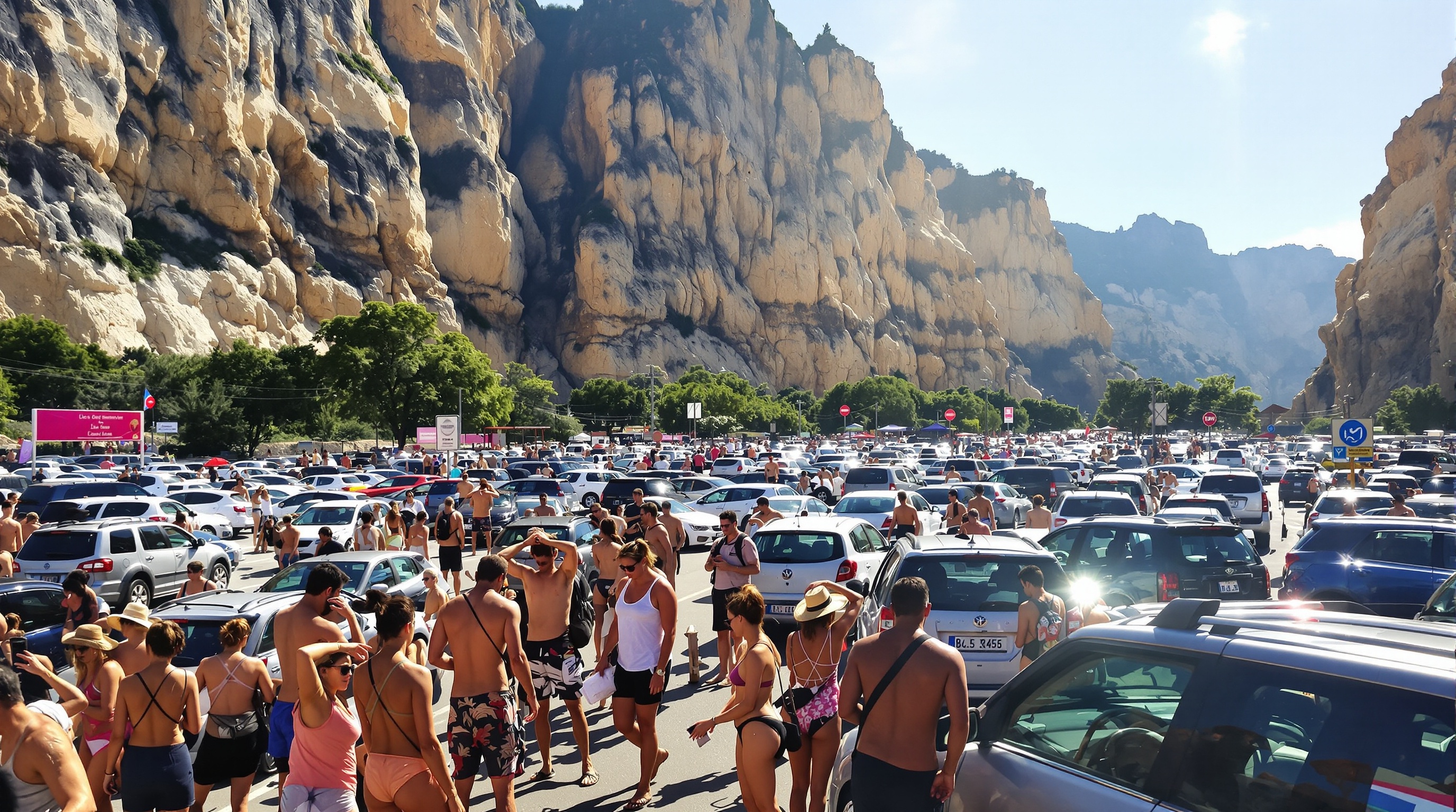 Parking bondé Montanejos été file attente touristes