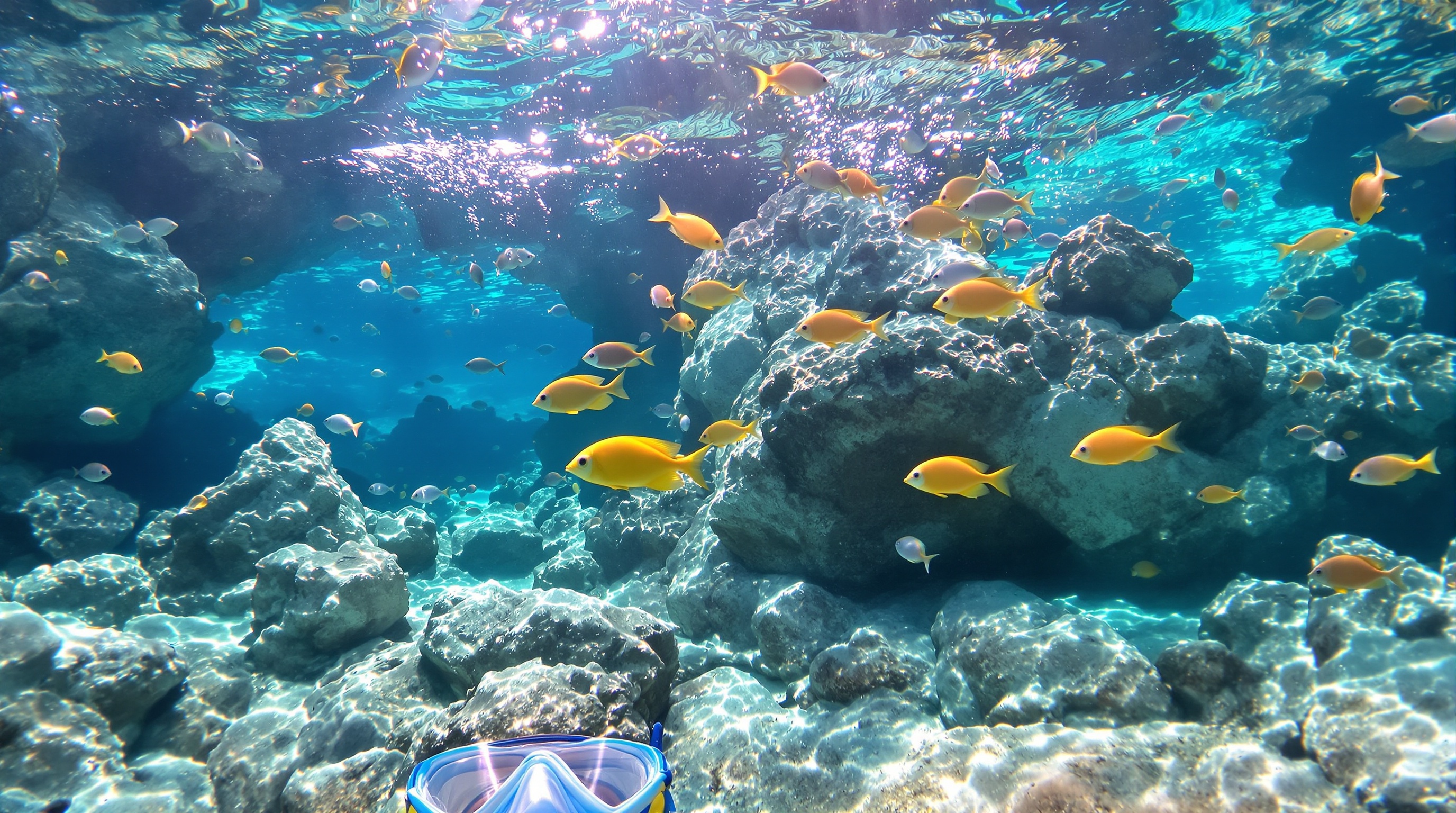 Vue sous-marine ultra-claire d'une crique de Paleokastritsa avec poissons colorés et rochers.