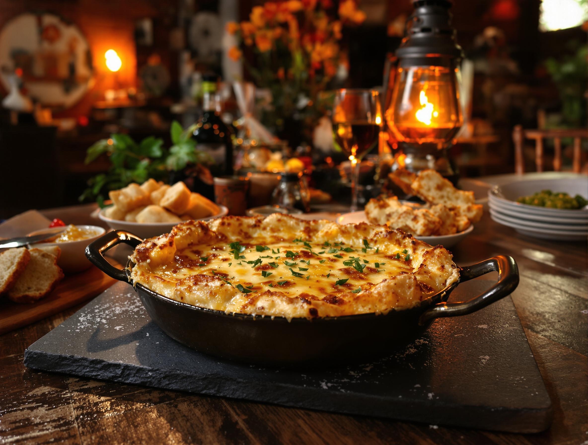 Welsh gratiné servi dans un estaminet typique en contre-jour lampe de mineur